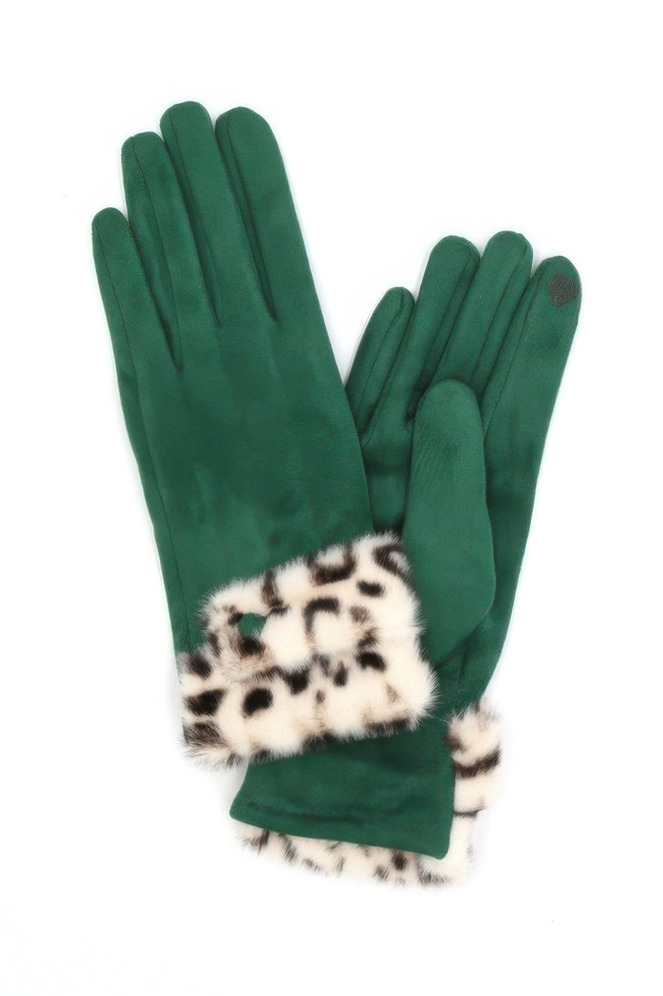 Green suede-look gloves with leopard faux-fur cuff and smart touch detail