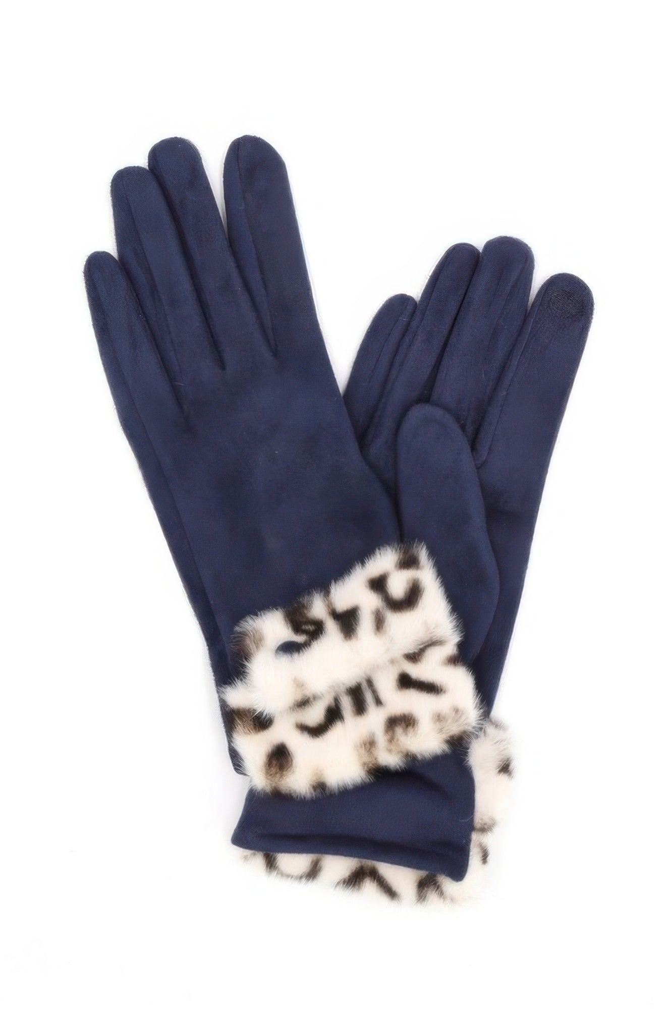 Navy smart touch gloves with leopard faux-fur cuff and textured thumb patch