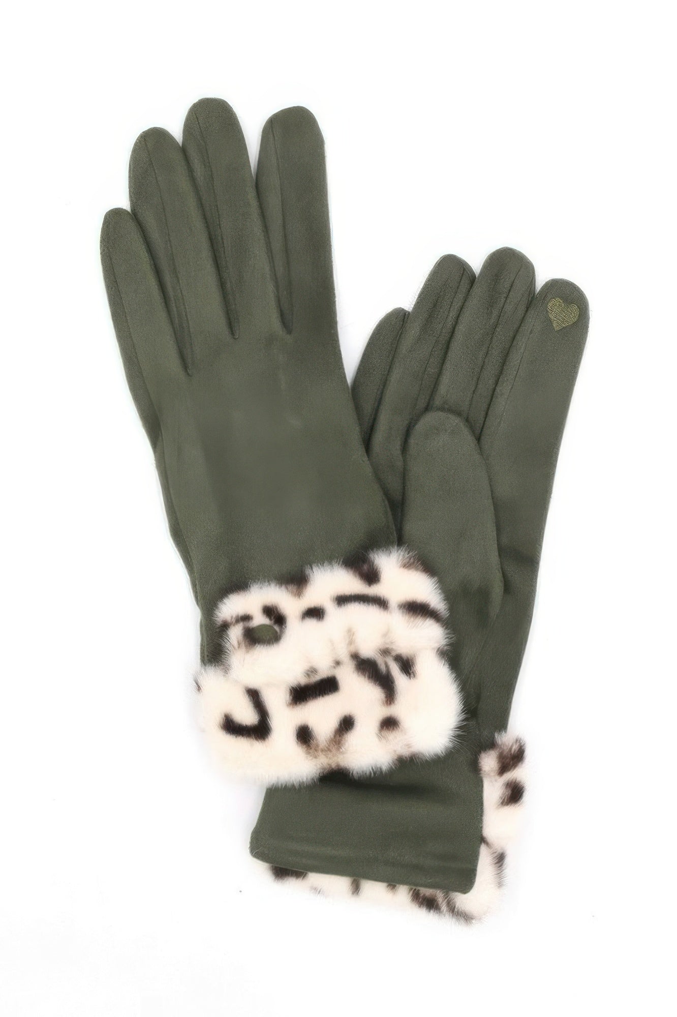 Olive smart touch gloves with leopard faux-fur cuff and fuzzy accent