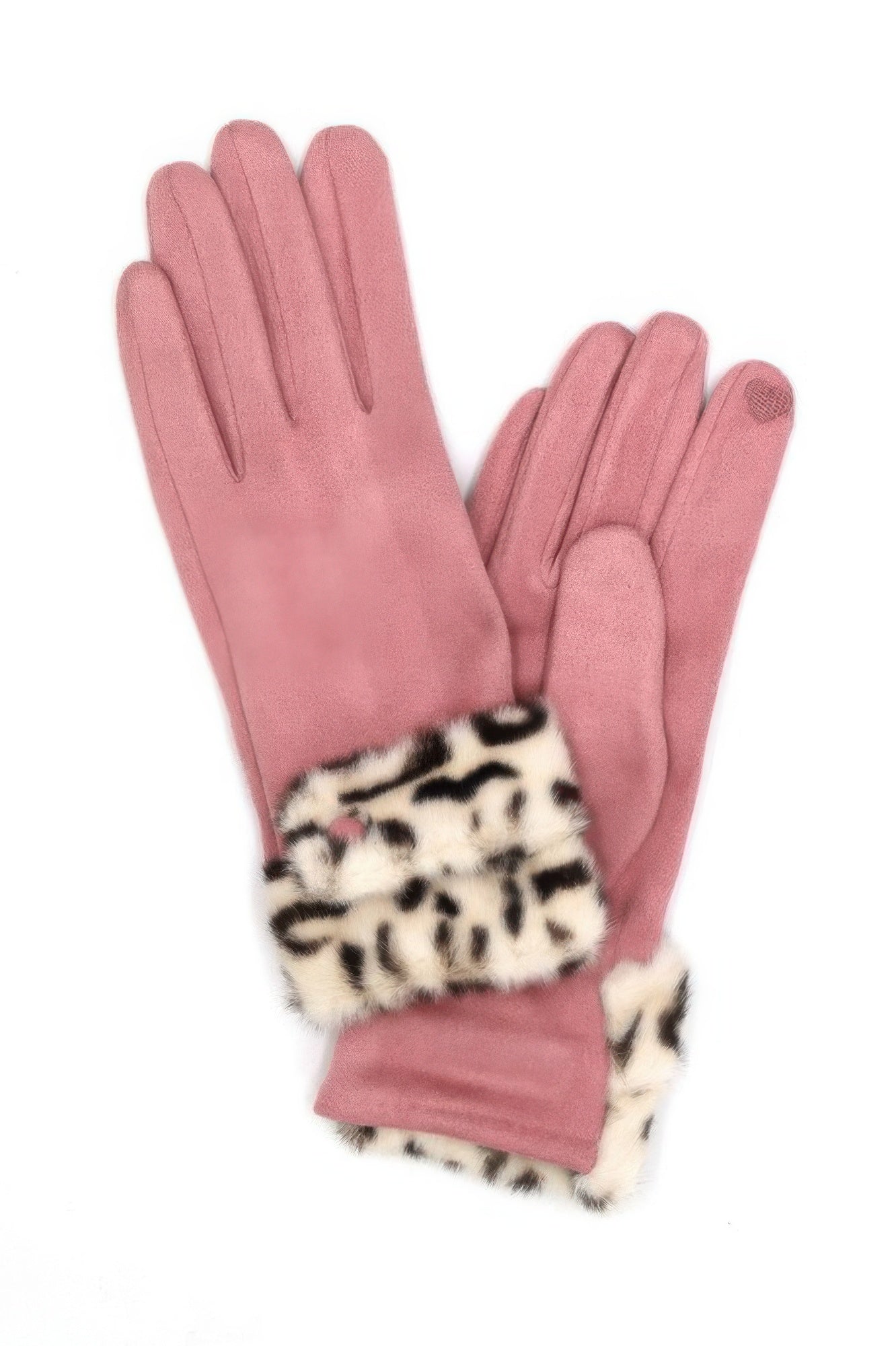 Pink smart touch gloves with leopard faux-fur cuff and heart-texture thumb