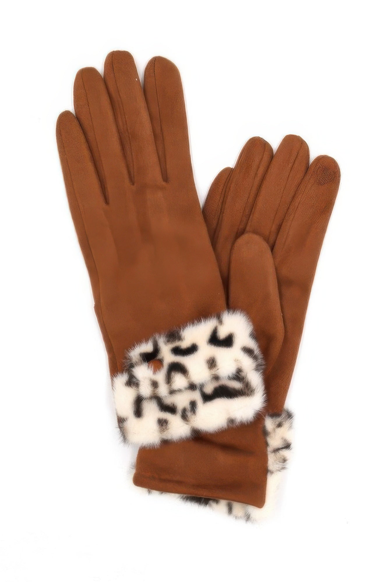 Rust smart touch gloves with leopard faux-fur cuff and textured thumb pad