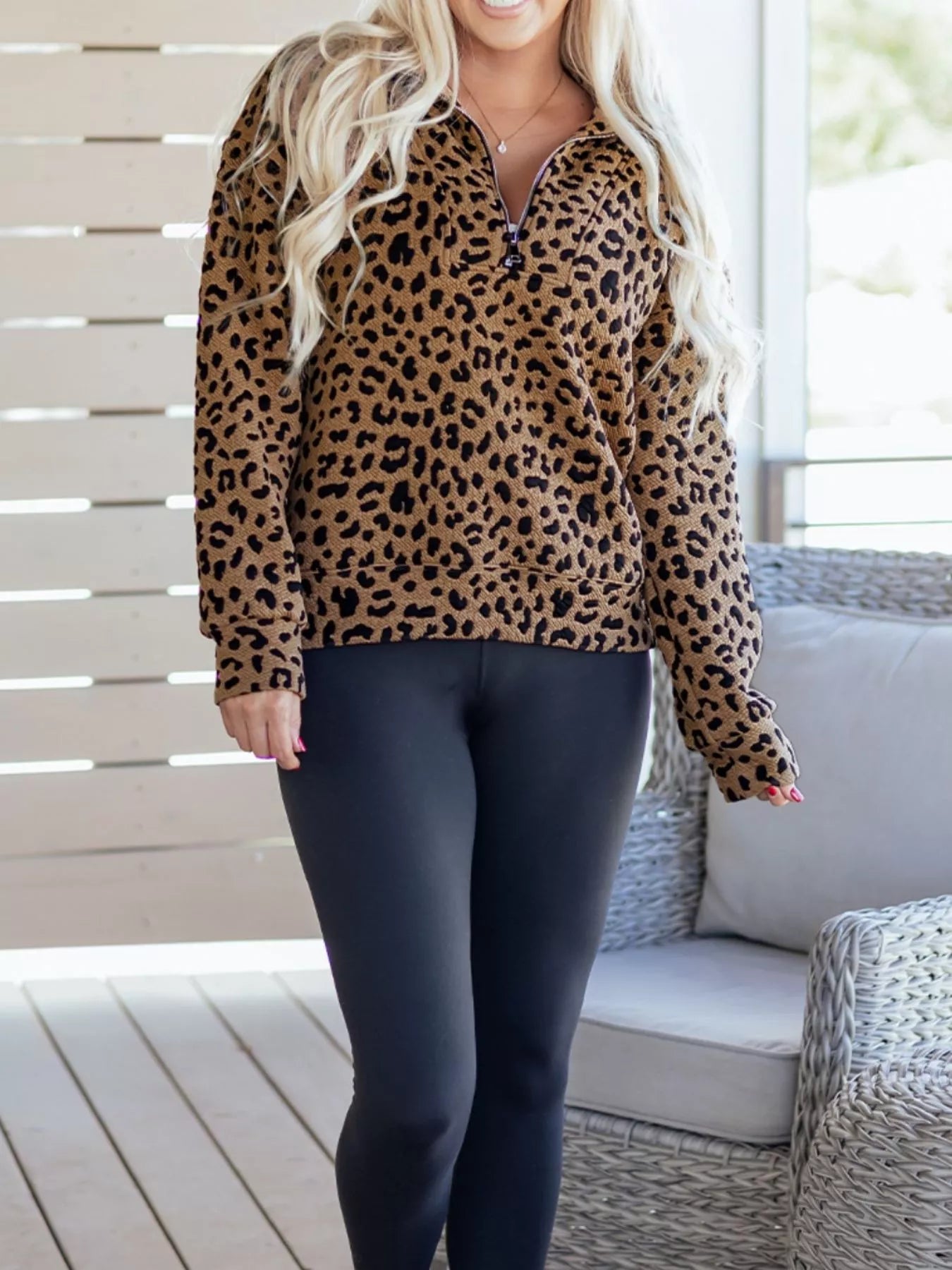 Leopard Print Quarter Zip Sweatshirt - Tigbul's Variety Fashion Shop