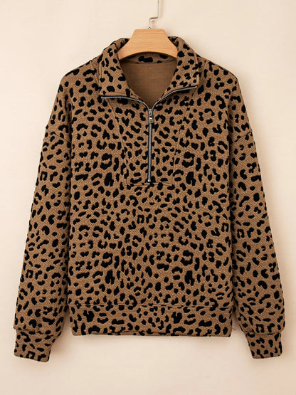 Leopard Print Quarter Zip Sweatshirt - Tigbul's Variety Fashion Shop