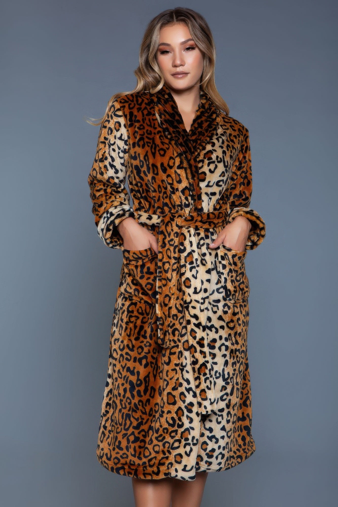Leopard robe with shawl collar, waist tie belt, long sleeves, button-front