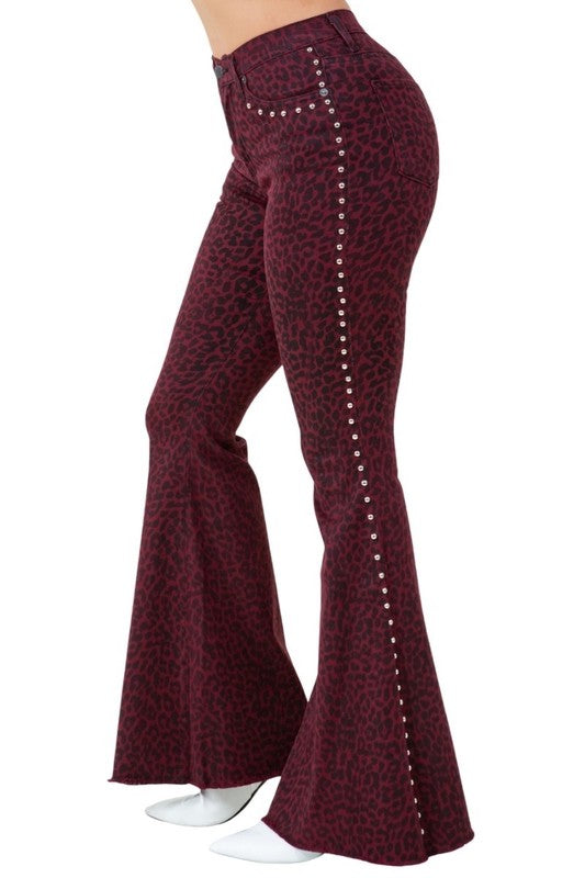 Leopard-print studded bell-bottom jeans in burgundy, side view