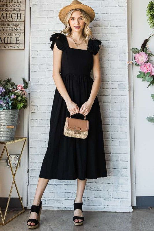LINEN RUFFLE MID DRESS, black sleeveless midi with ruffle sleeves and gathered waist