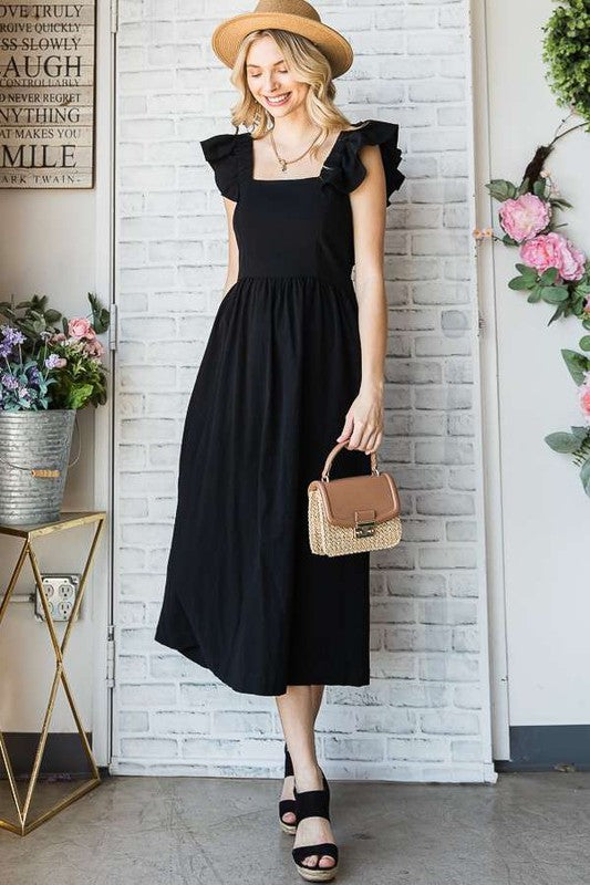 Black midi dress with square neckline, puffed ruffle cap sleeves, and gathered skirt