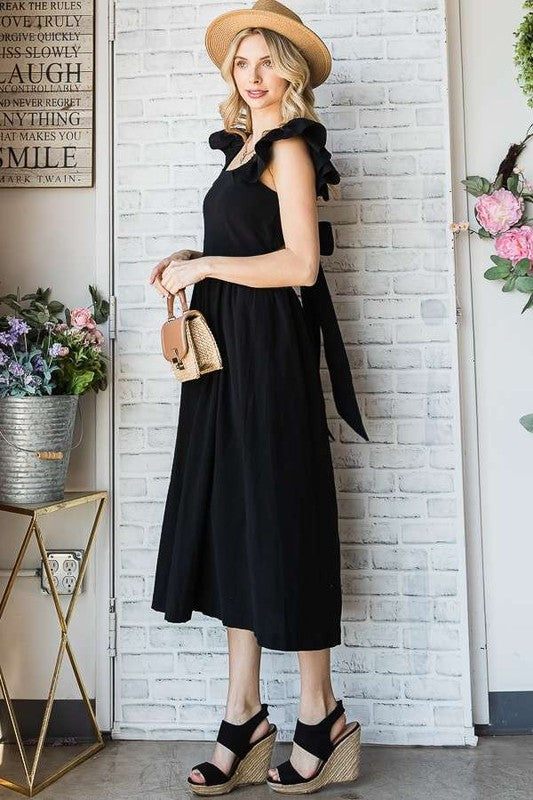 Black linen midi dress with ruffle cap shoulders and gathered skirt