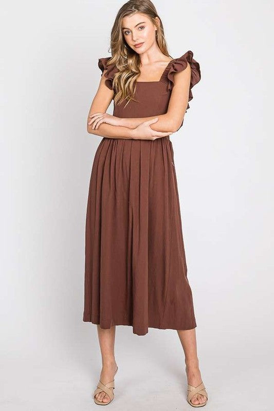 Mocha midi dress with square neckline, ruffle cap sleeves, and gathered waist