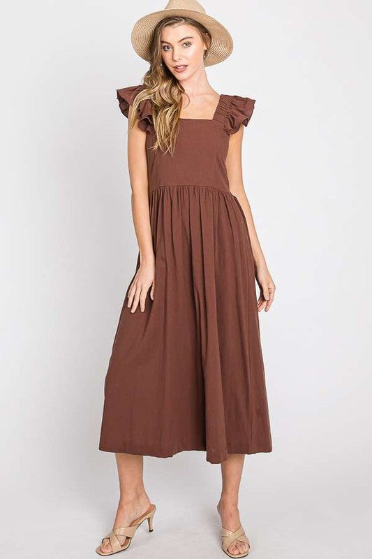 Mocha linen midi dress with ruffled shoulders and gathered, pleated skirt