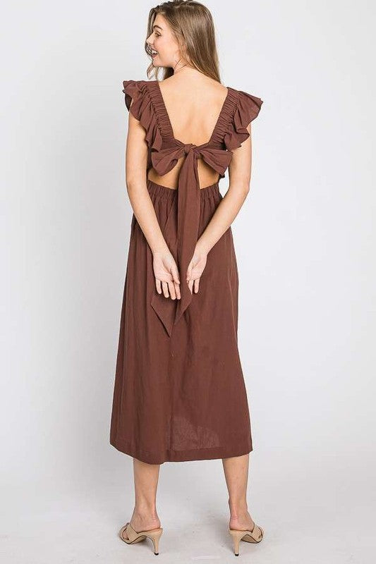 Mocha midi dress back view with open back and tied bow detail; ruffle cap sleeves