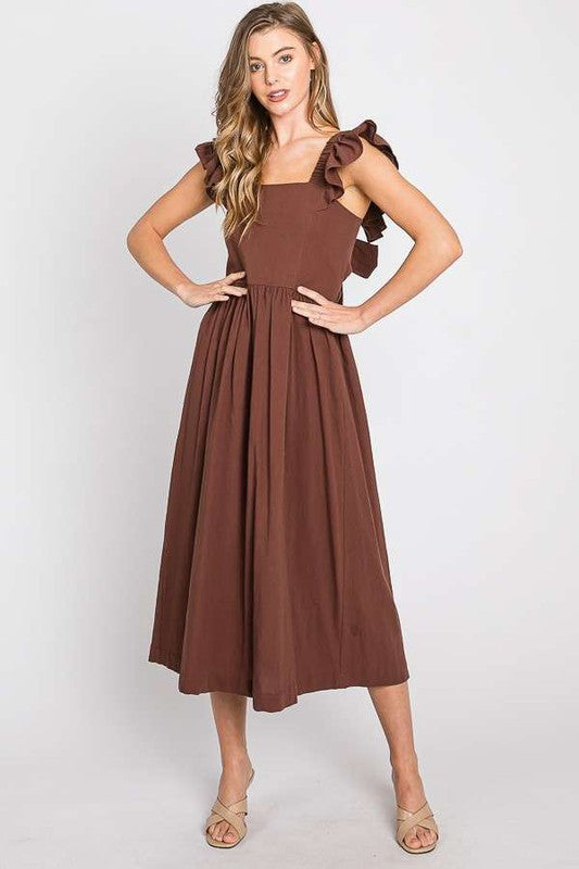 LINEN RUFFLE MID DRESS, mocha brown with ruffle sleeves and gathered waist
