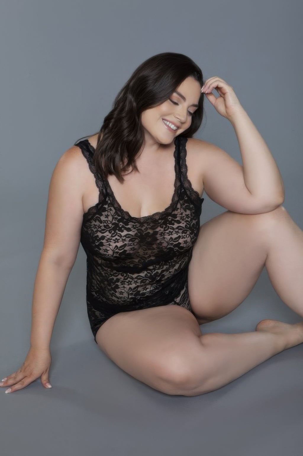 Black sheer floral lace cami and shorts set with lace back and wide lace hem.