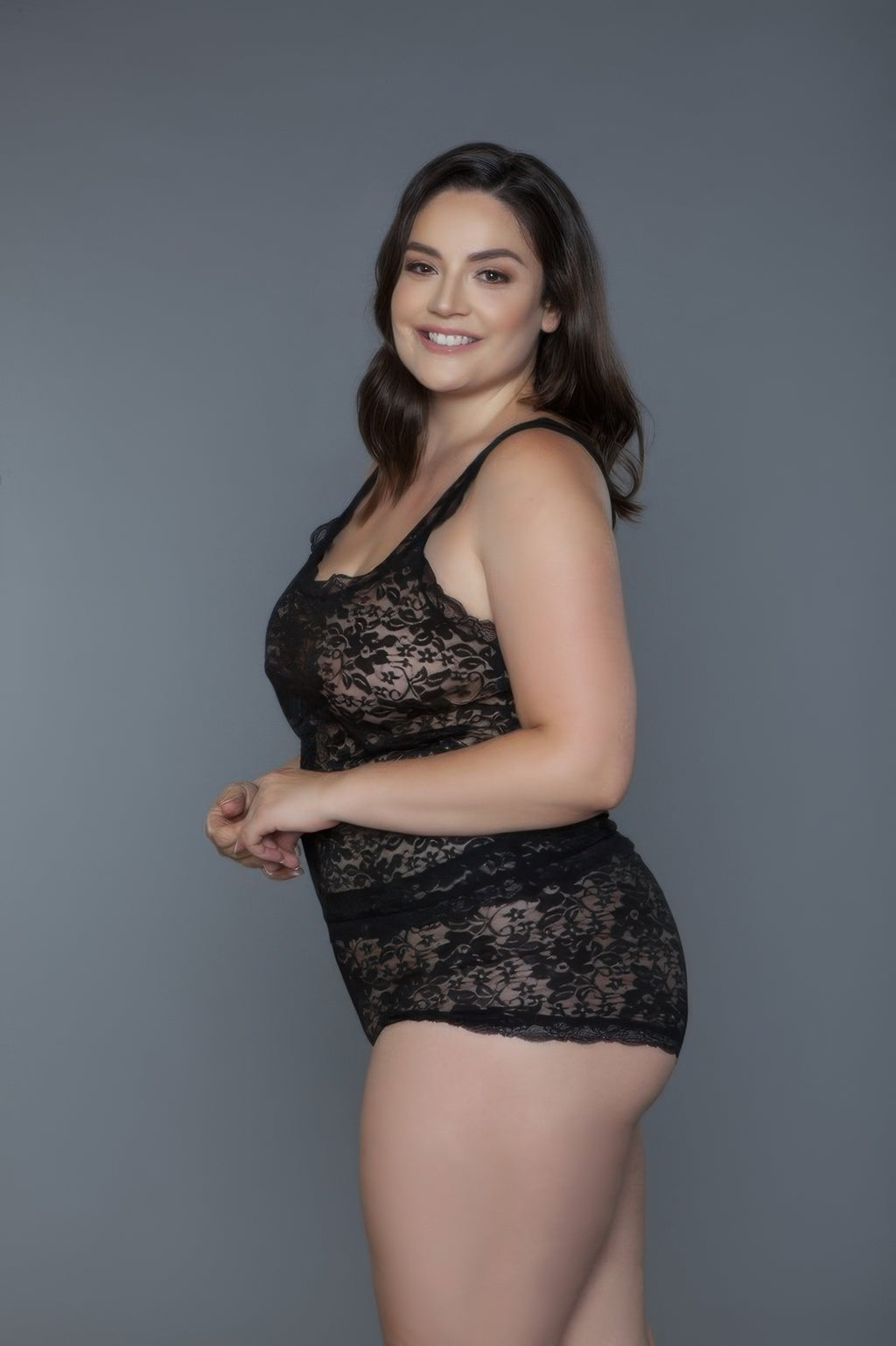 Black sheer floral lace camisole and matching lace shorts, scoop neckline and camis.