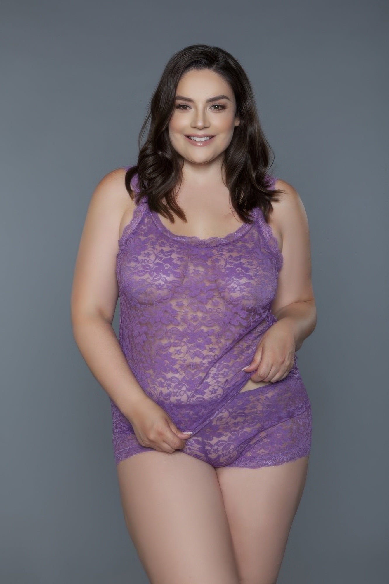 Purple sheer floral lace cami and matching short lingerie set