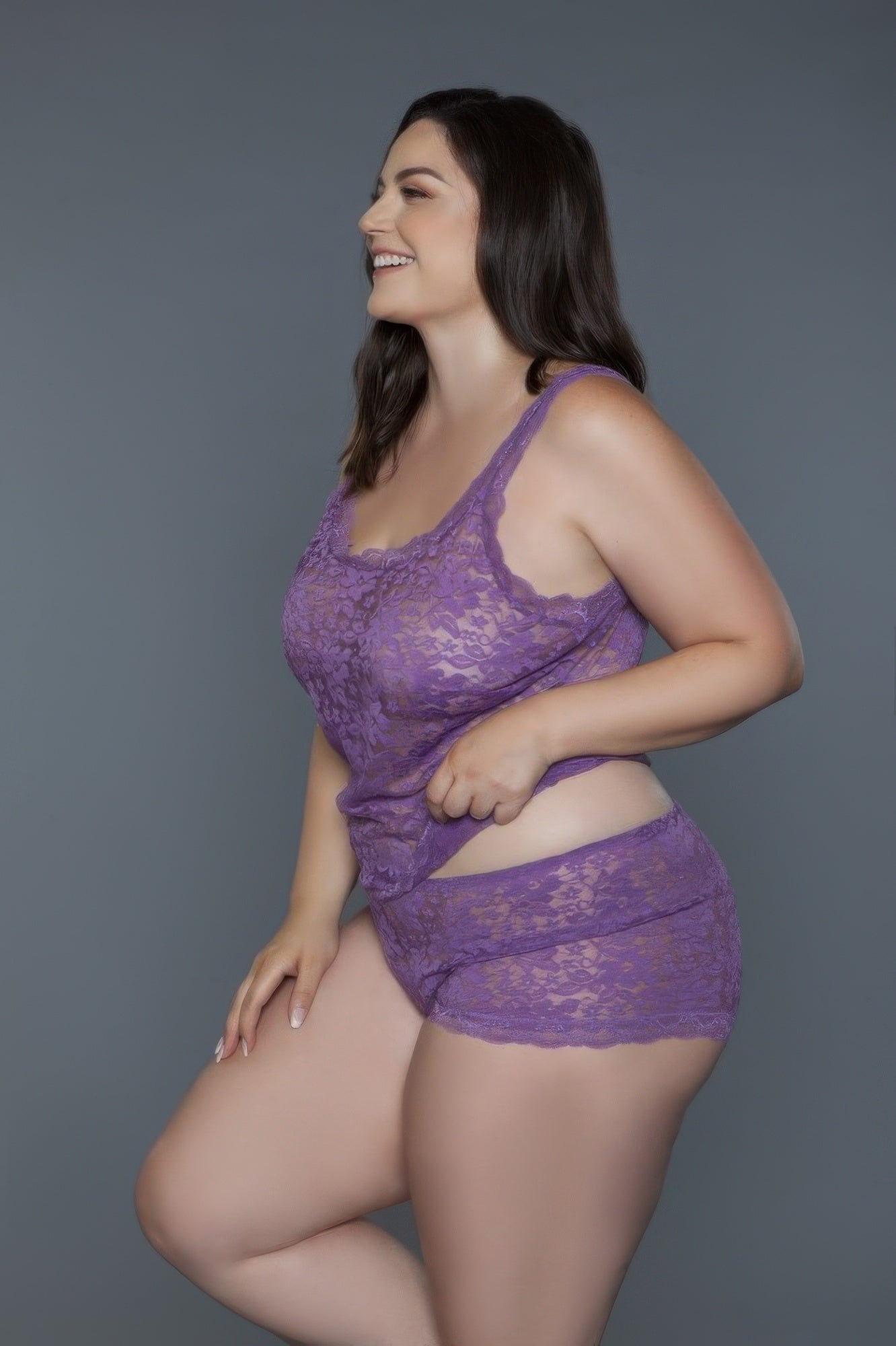 Purple sheer floral lace cami and shorts set, side view with lace hem and scalloped edges.