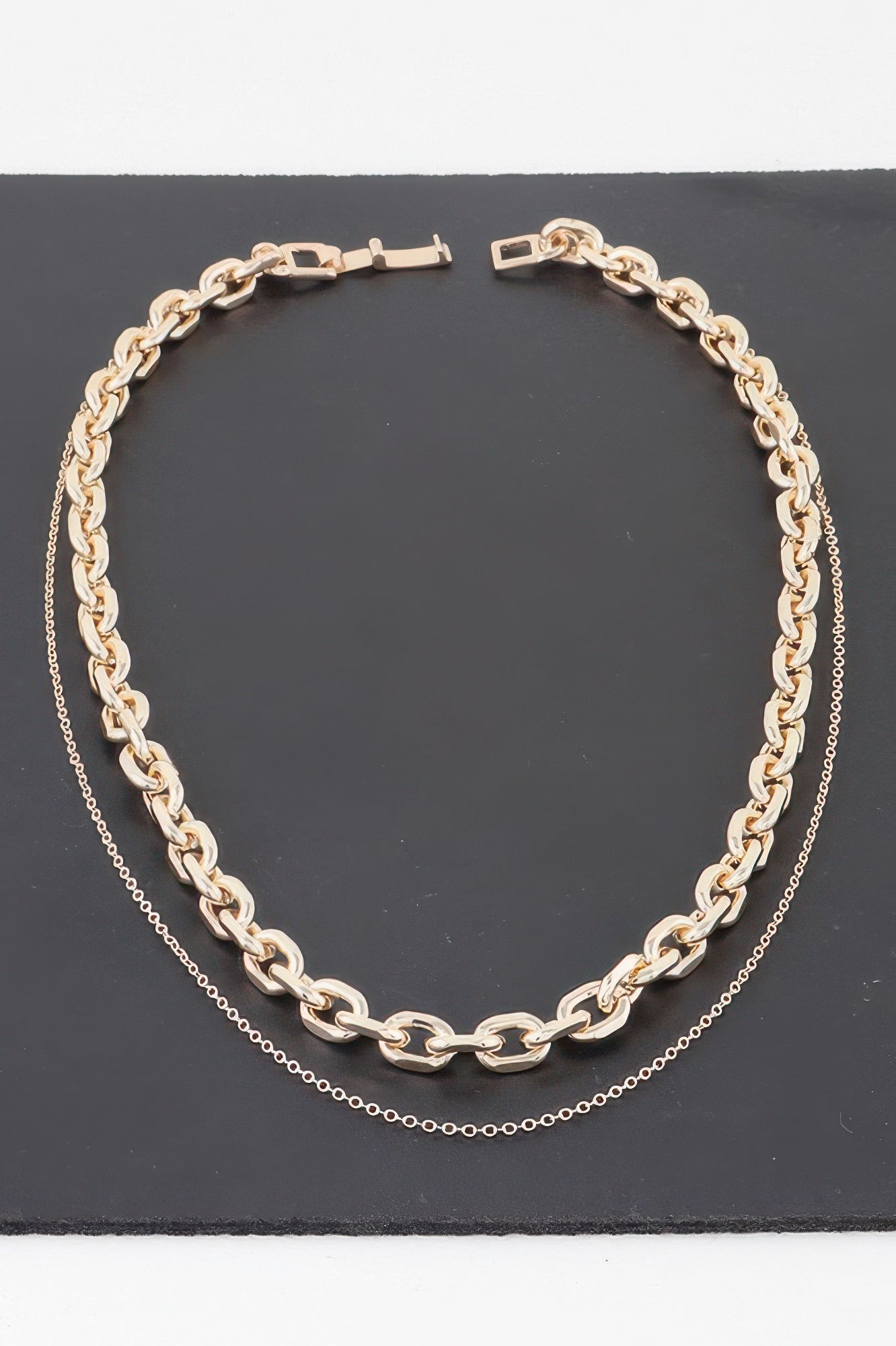 Gold-tone Link Necklace set, long oval link chain with thin second chain