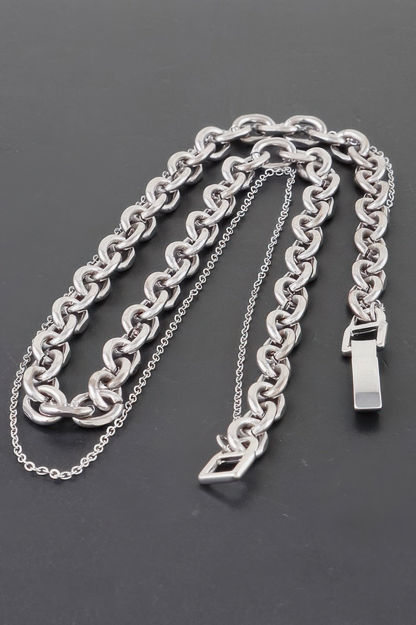 Link Necklace, silver-tone layered chain with oval links and rectangular pendant charms