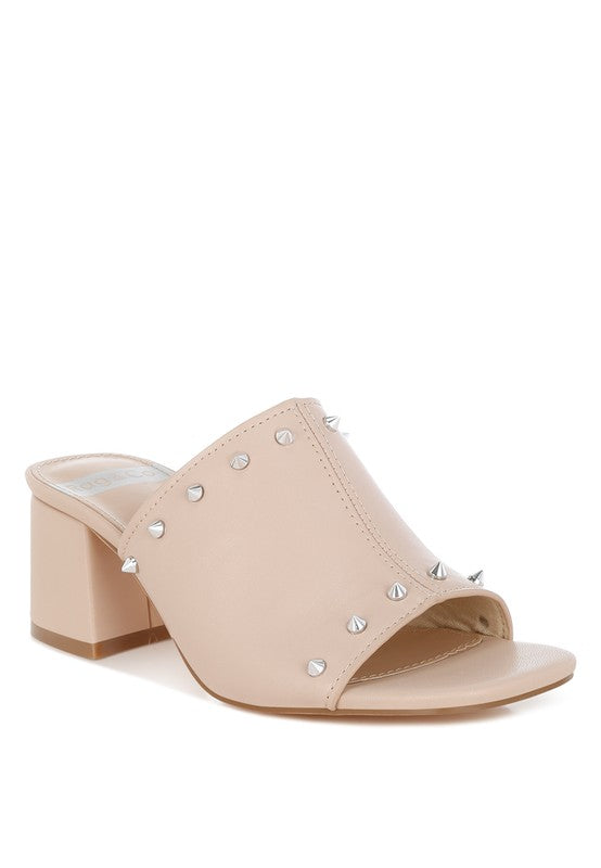 Beige stud-embellished block-heel mule with open toe
