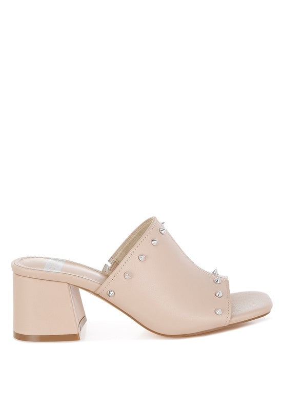 Beige studded block-heel mule with open toe and side studs