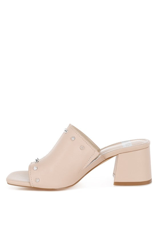 Beige stud-embellished mule with block heel and open toe