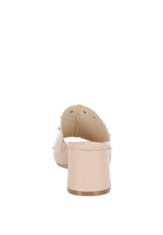 Beige back view of studded block-heel mule with open toe