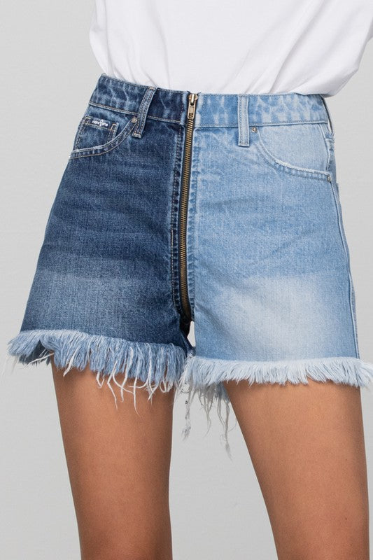Long Fray Two Tone Denim Shorts - Tigbul's Variety Fashion Shop