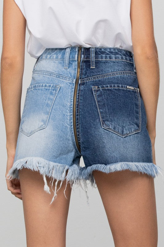 Long Fray Two Tone Denim Shorts - Tigbul's Variety Fashion Shop