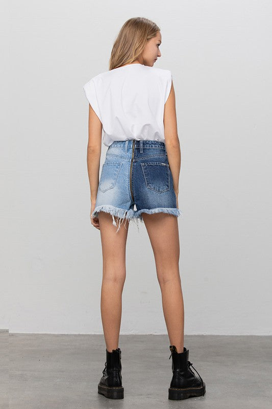Long Fray Two Tone Denim Shorts - Tigbul's Variety Fashion Shop