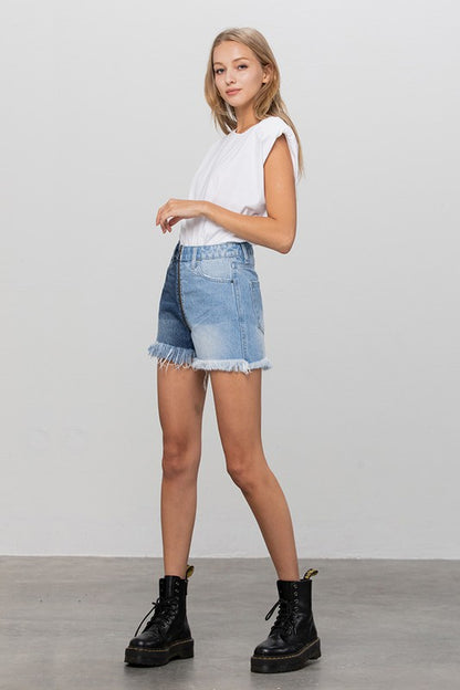 Long Fray Two Tone Denim Shorts - Tigbul's Variety Fashion Shop