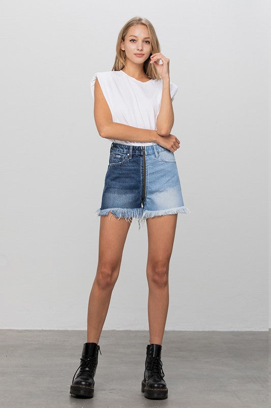 Long Fray Two Tone Denim Shorts - Tigbul's Variety Fashion Shop