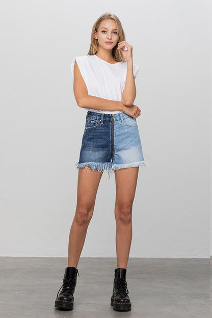 Long Fray Two Tone Denim Shorts - Tigbul's Variety Fashion Shop