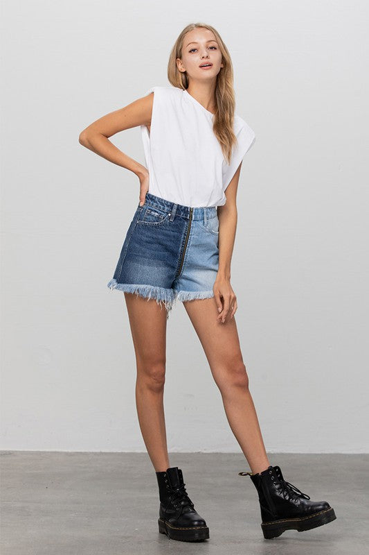 Long Fray Two Tone Denim Shorts - Tigbul's Variety Fashion Shop