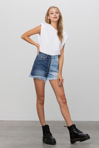 Long Fray Two Tone Denim Shorts - Tigbul's Variety Fashion Shop