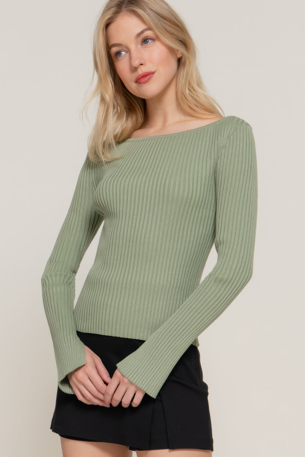 Sage ribbed knit boat neck sweater, long sleeves with gathered cuffs.