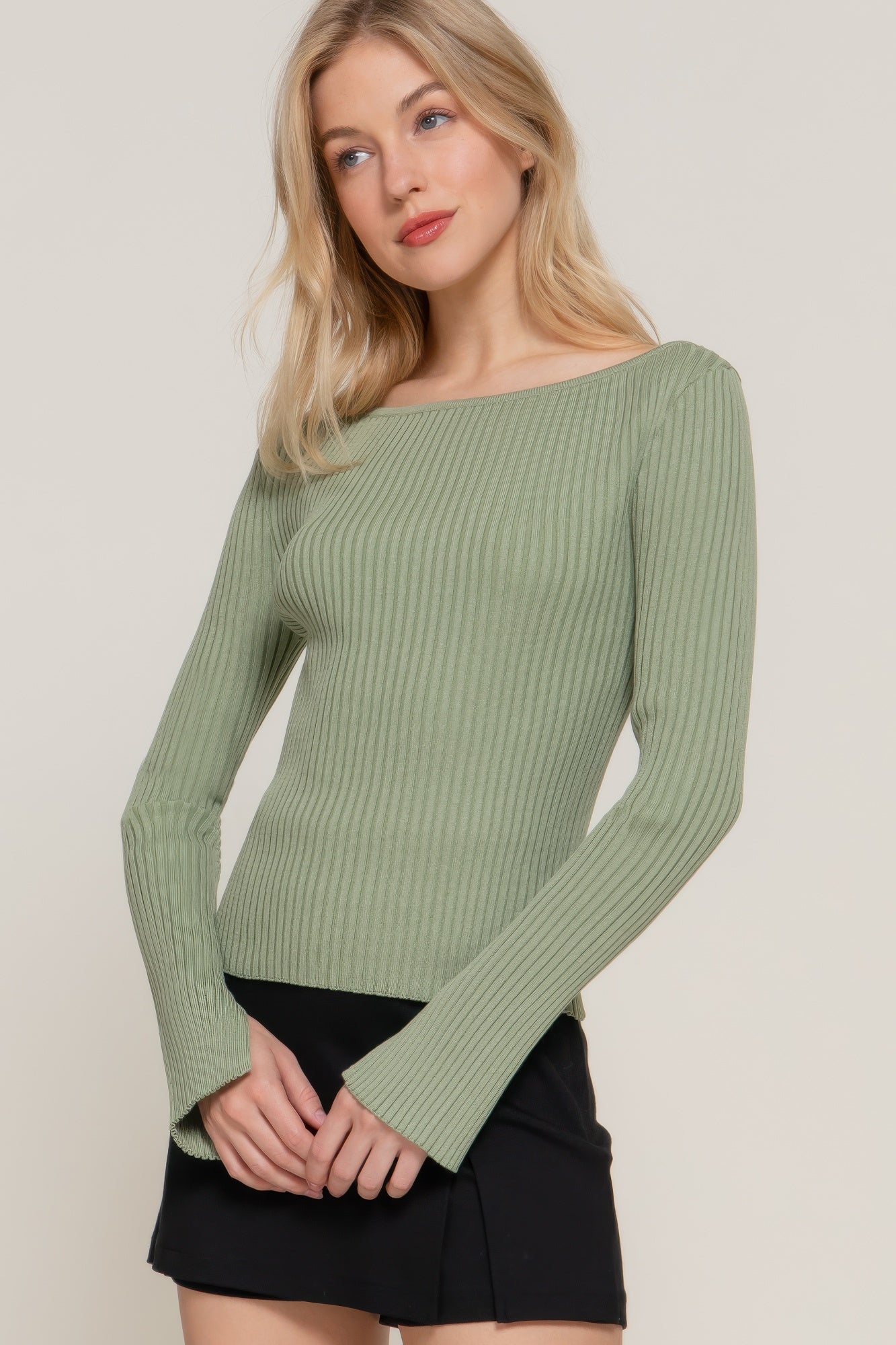 Sage ribbed knit boat neck sweater, long sleeves with gathered cuffs.