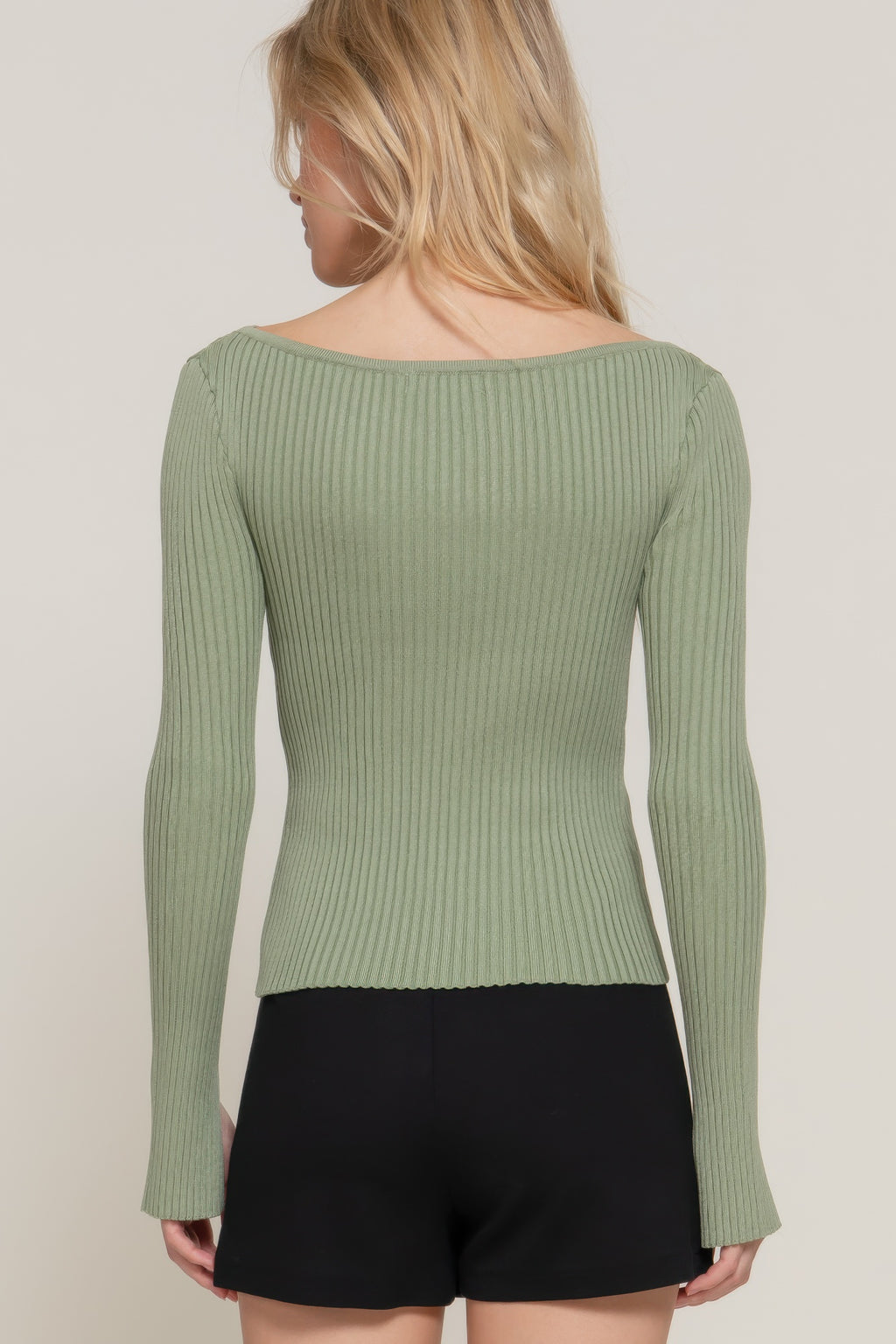 Sage long-sleeve boat neck sweater, back view with ribbed knit body.