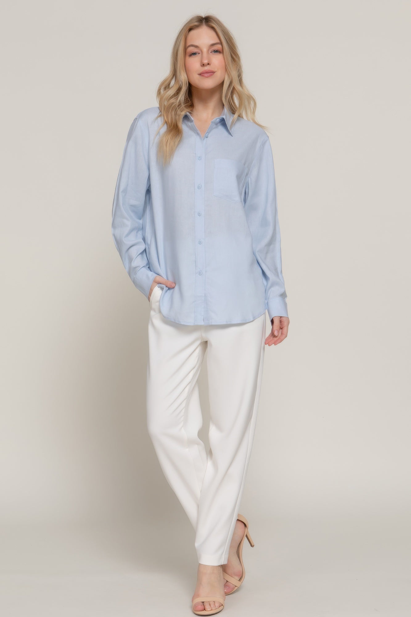 Light blue long sleeve linen-blend shirt, front button placket and single chest pocket