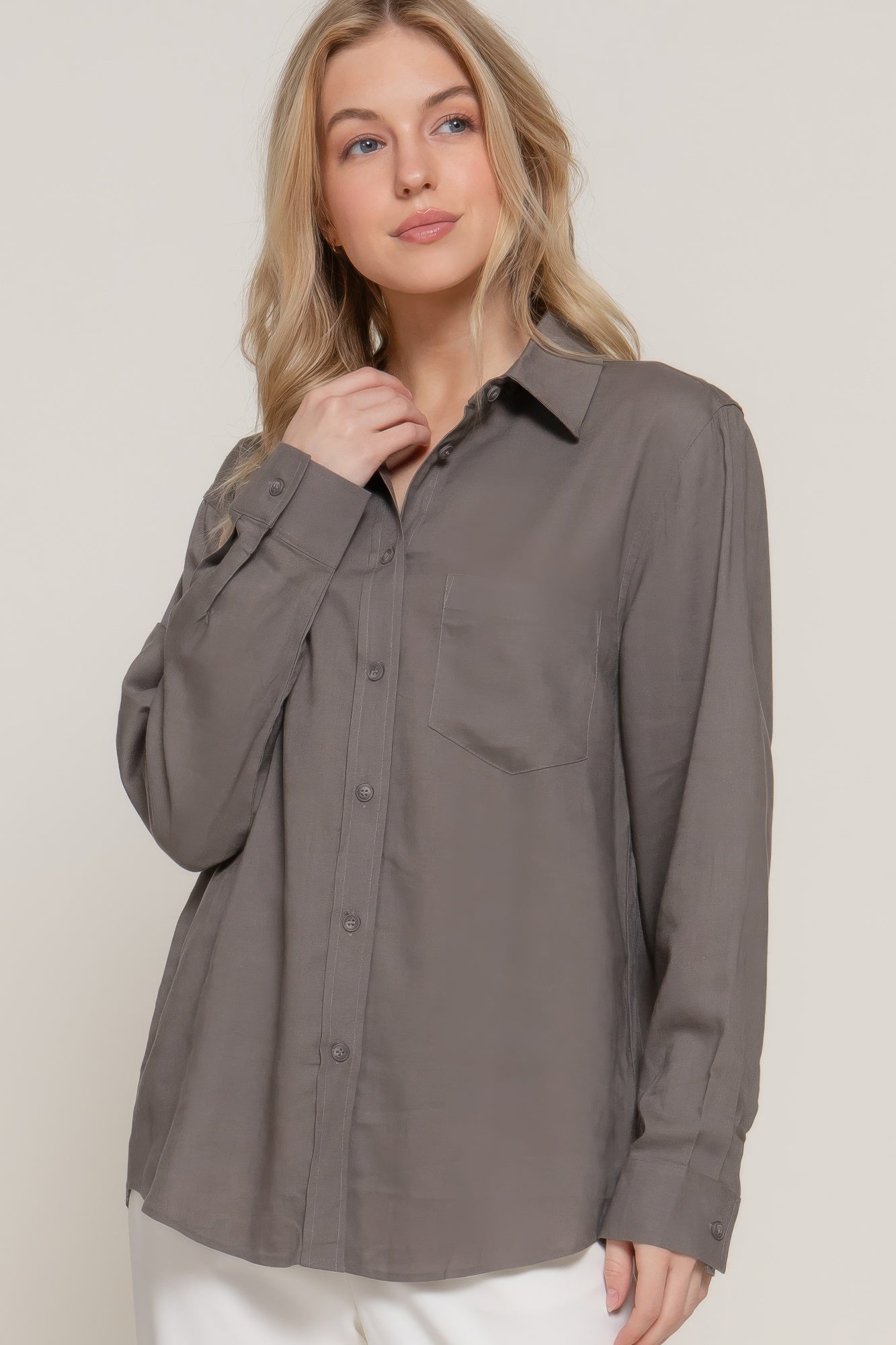 Mocha/dark gray long sleeve linen-blend shirt with button front and chest pocket