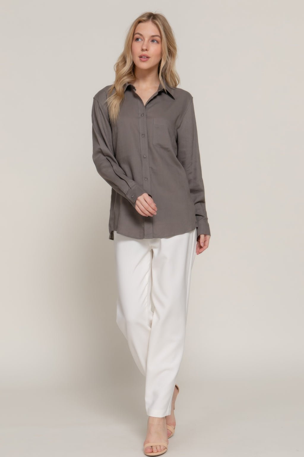 Dark gray long sleeve linen-blend button-up shirt with collar and front buttons