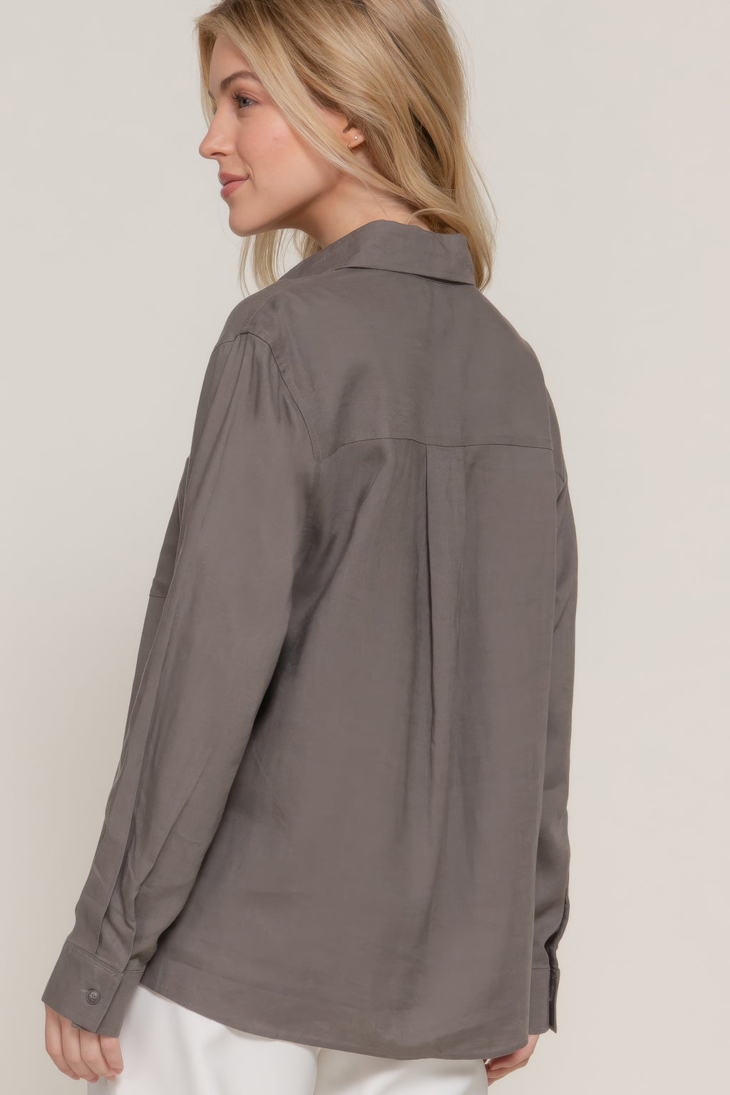 Mocha long-sleeve linen-blend shirt, back view with buttoned yoke