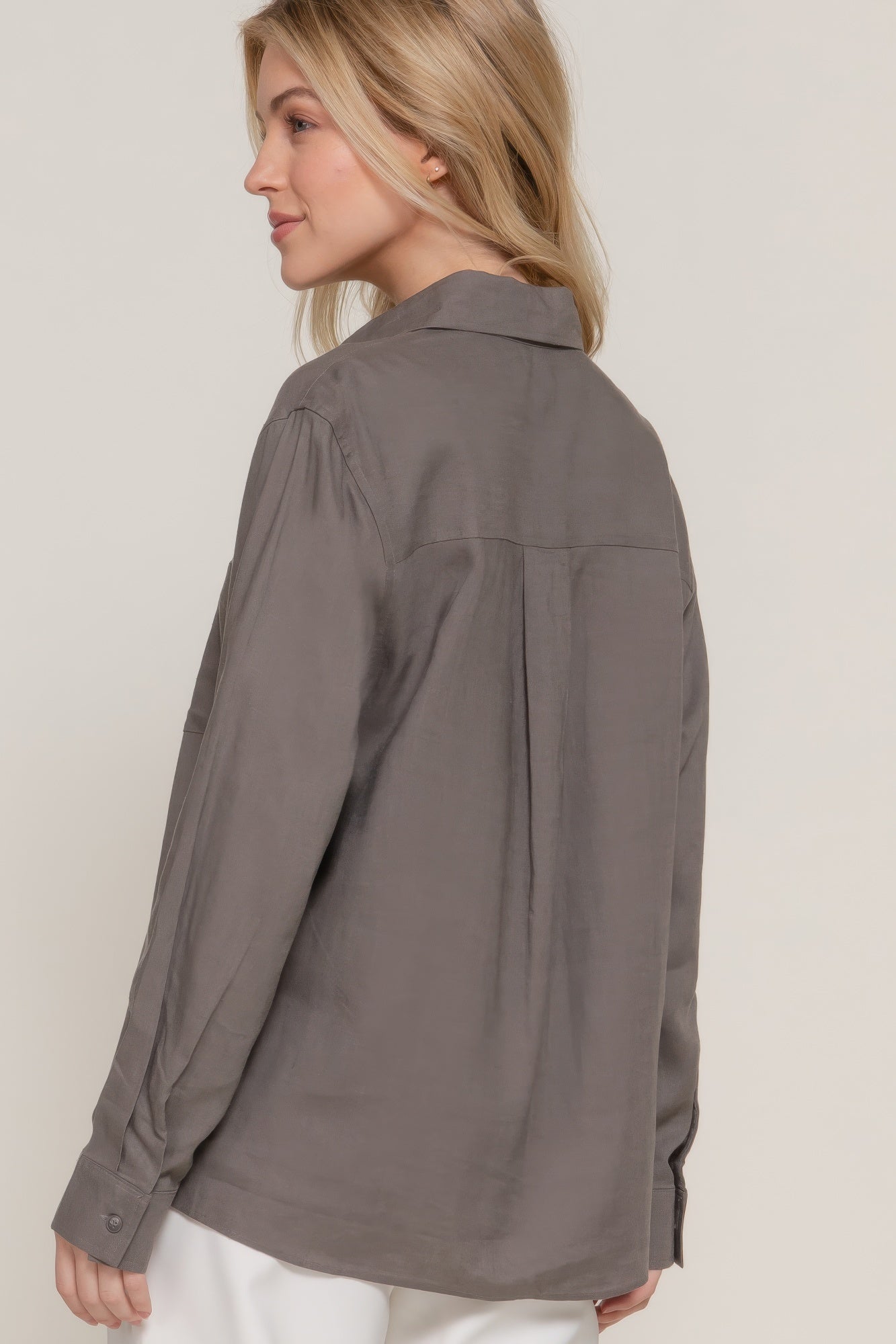 Mocha long-sleeve linen-blend shirt, back view with buttoned yoke