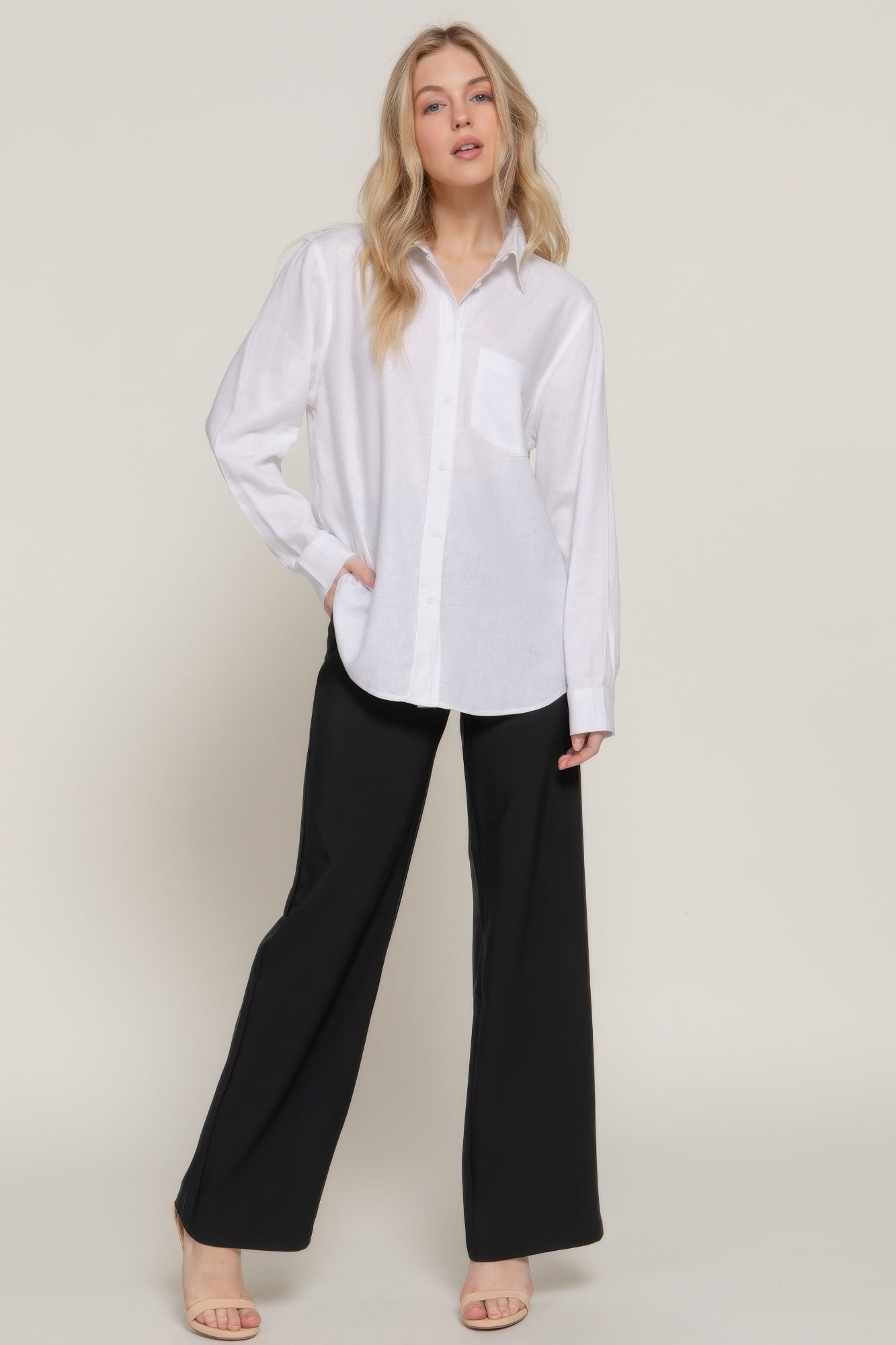 White long-sleeve linen-blend shirt, relaxed fit with button-front placket