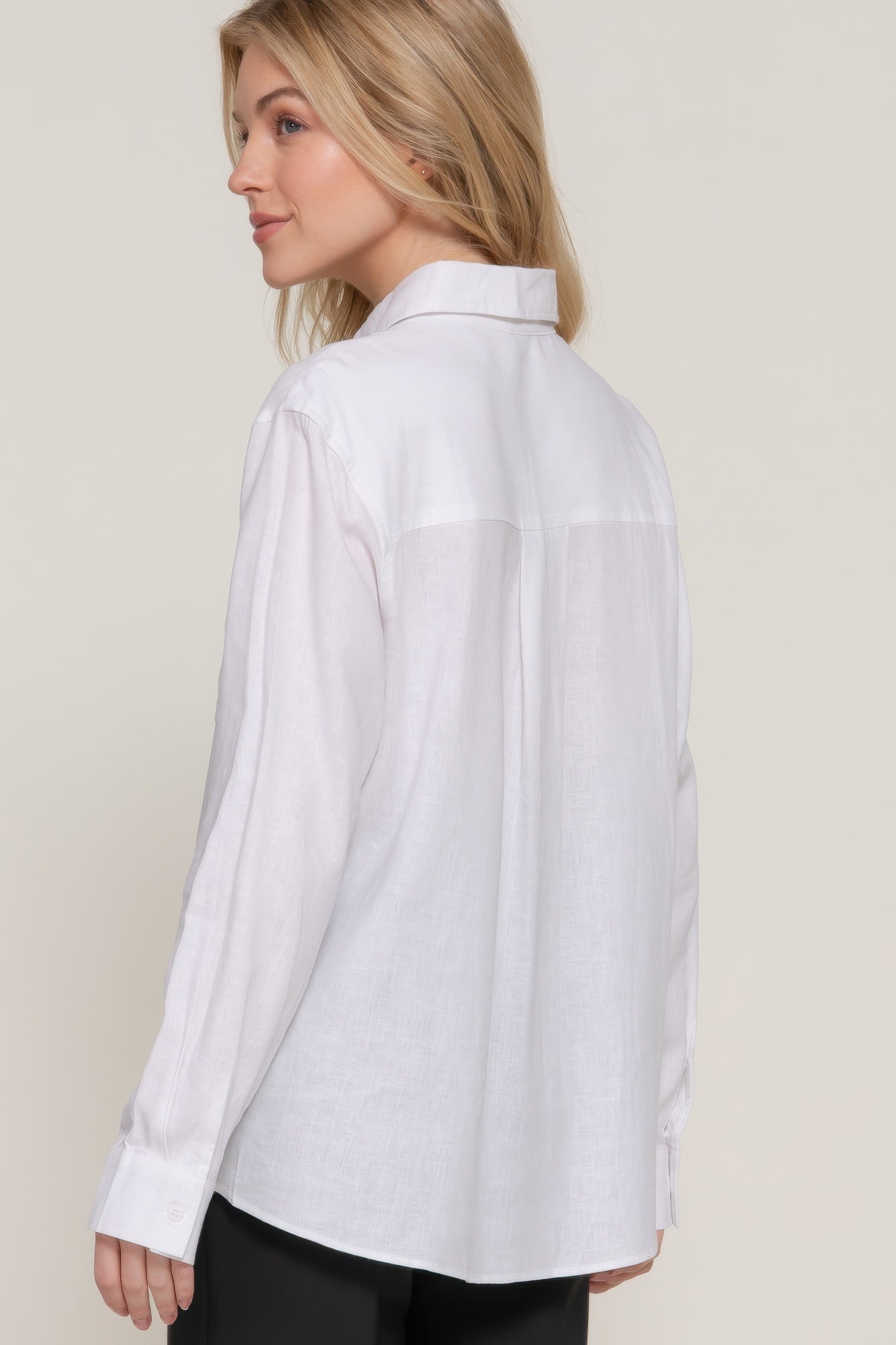 White long-sleeve linen-blend shirt, back view with yoke and buttoned sleeve cuff