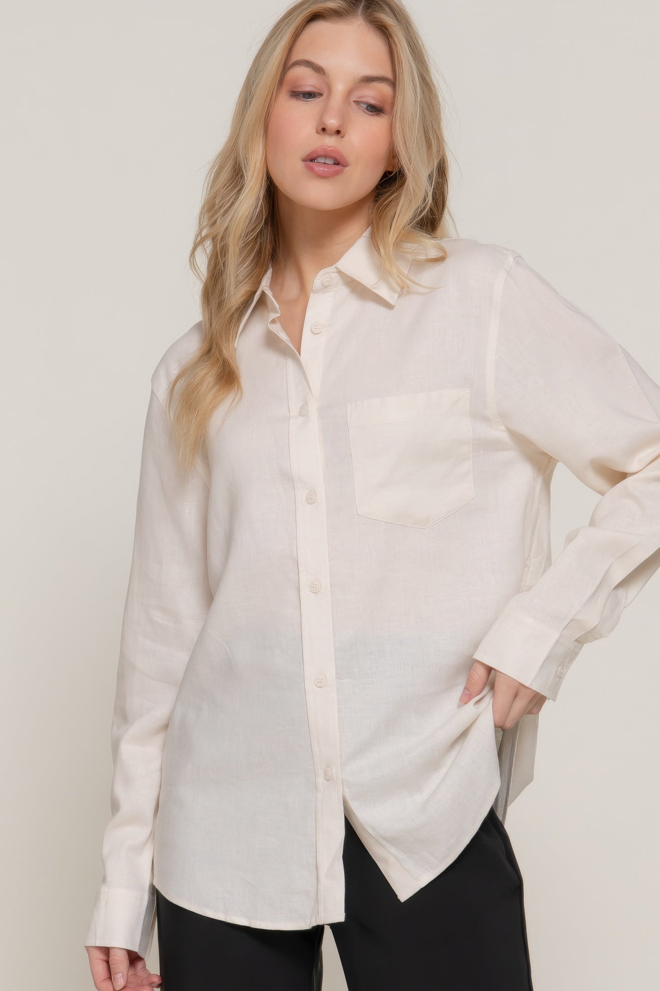 Long sleeve linen blend shirt, natural color; button-front and chest pocket