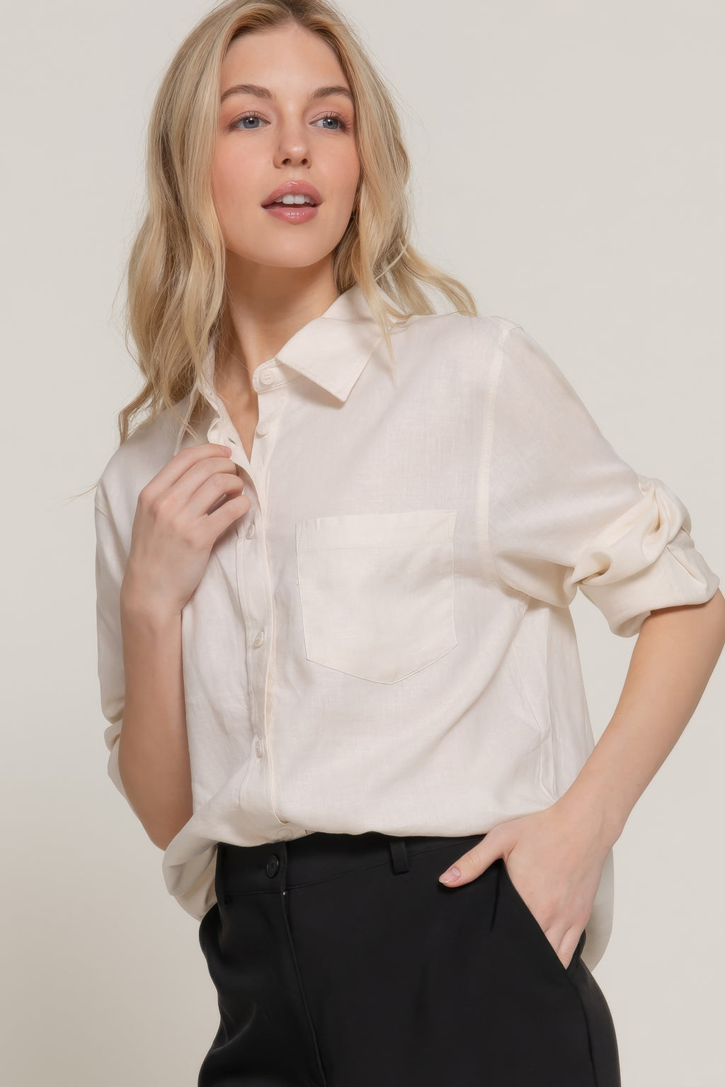 Natural long sleeve linen blend shirt with chest pocket; sleeve cuff detail
