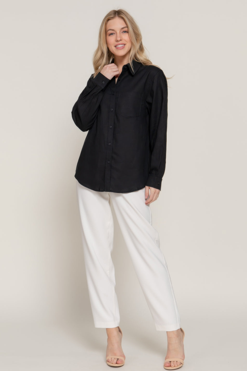 Black long sleeve button-up linen blend shirt with collar; casual fit