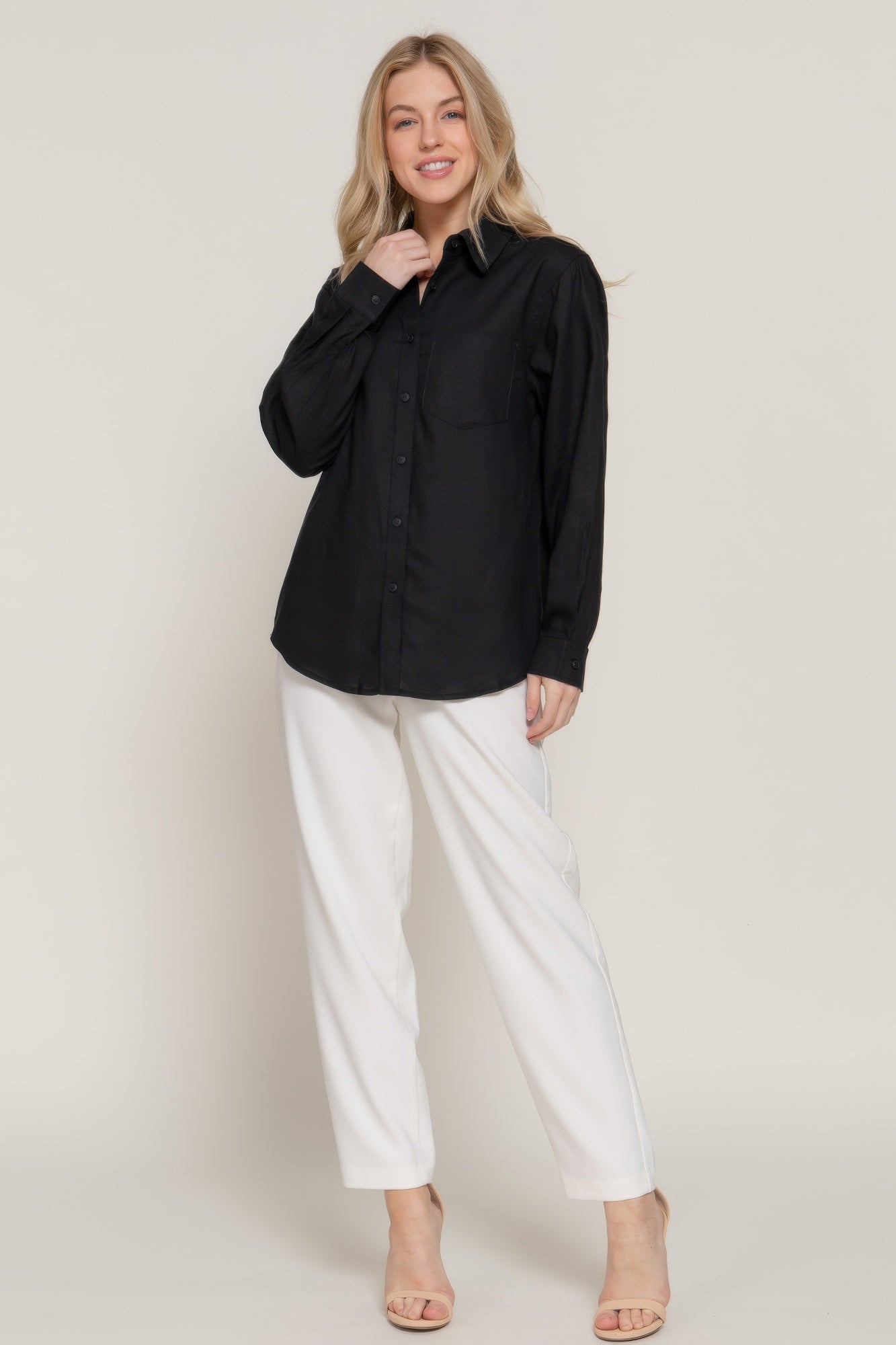 Black long sleeve button-up linen blend shirt with collar; casual fit