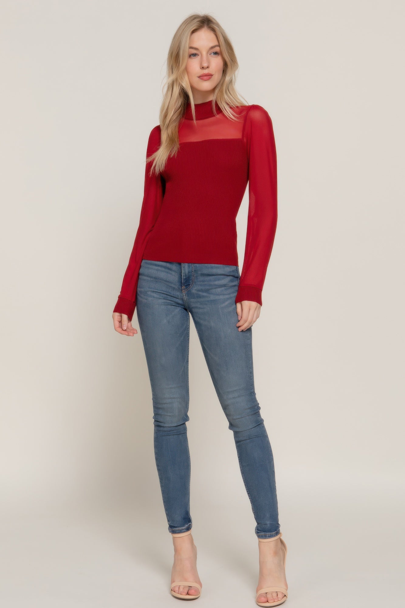 Burgundy long-sleeve sweater top with sheer mesh yoke and ribbed knit body