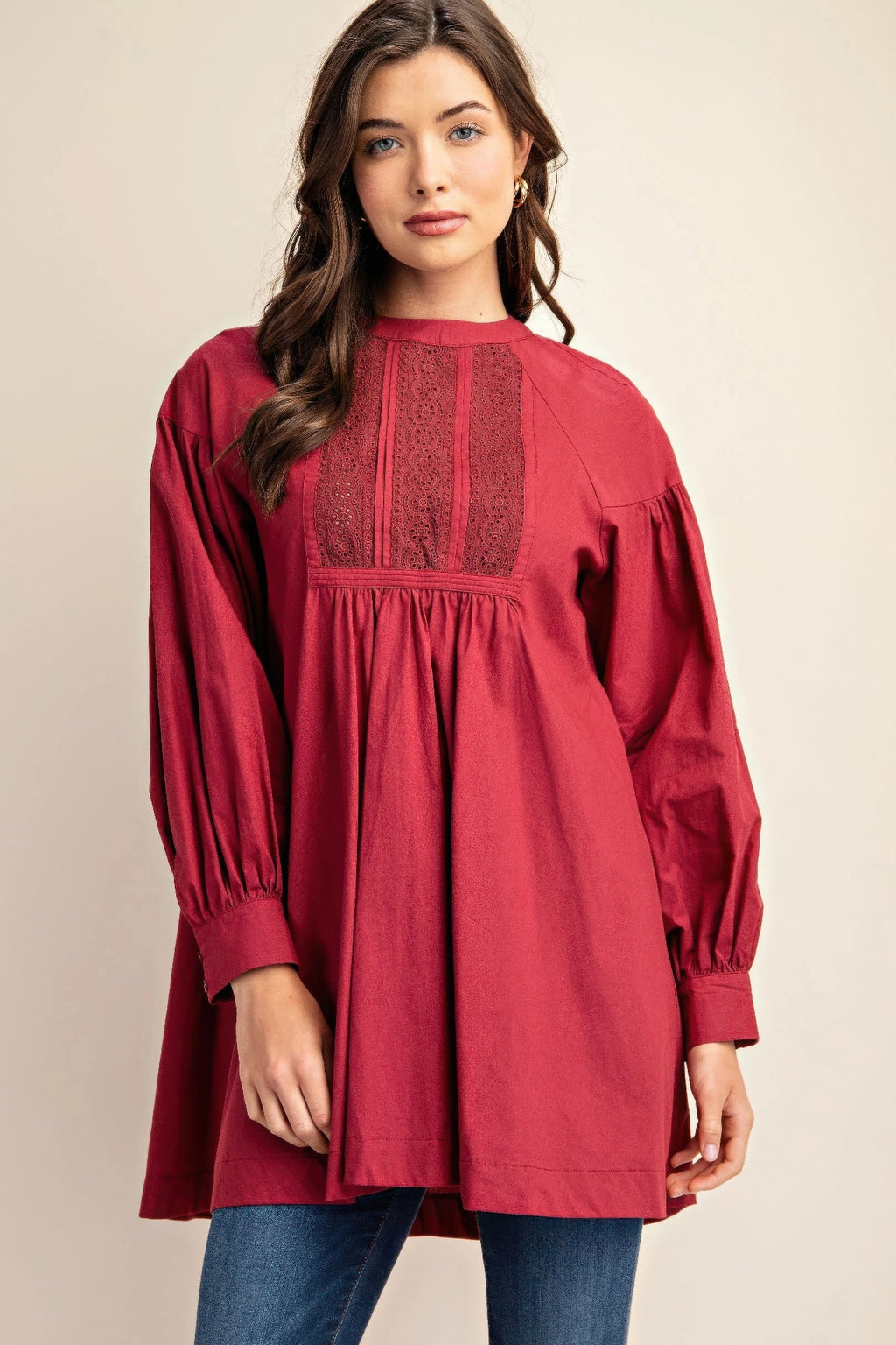 Plum mini dress with lace panel yoke, long puff sleeves and gathered waist